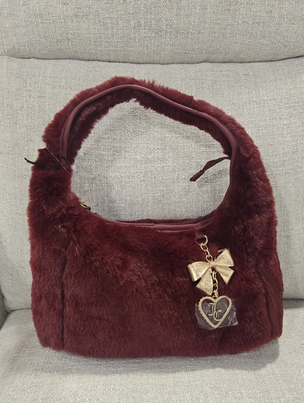 Juicy Couture Burgundy Faux Fur Shoulder Hobo Bag